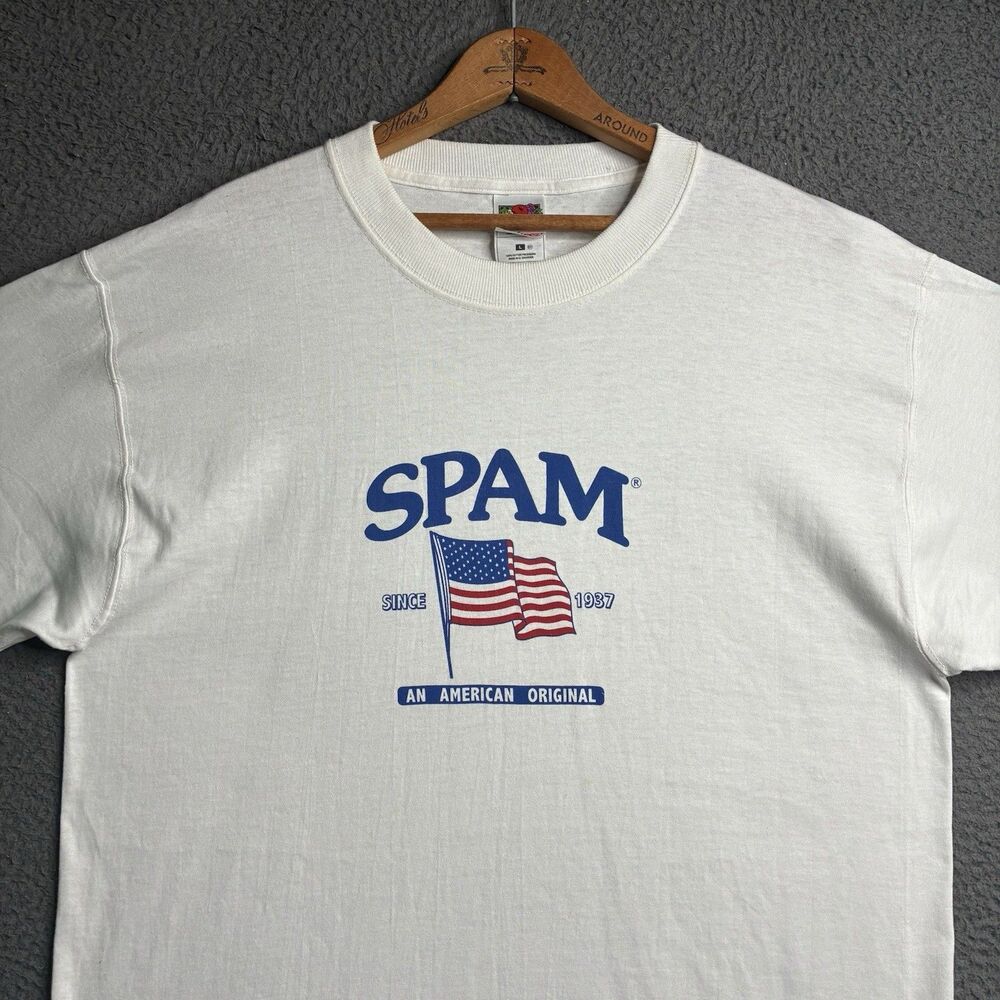 Vintage White Spam Promo T-Shirt Men’s Large Snack Food USA Flag